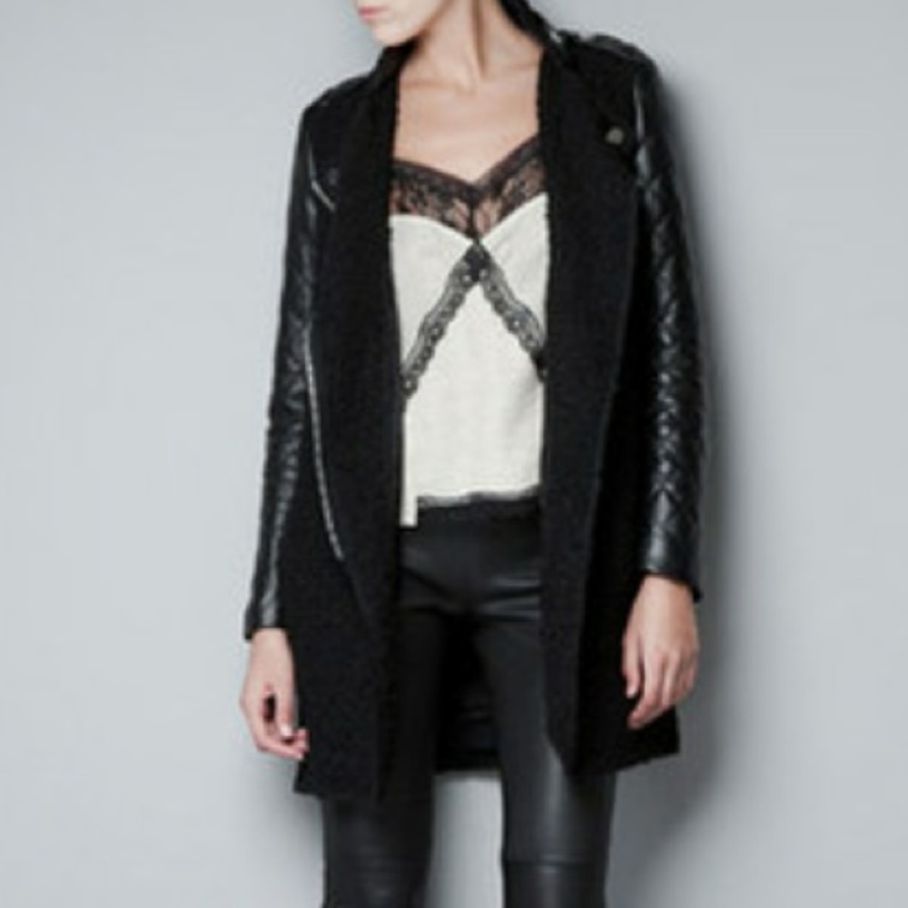 Black Mixed-Material Open Front Coat - Women's Jacket